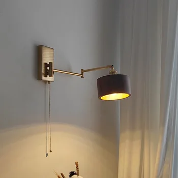 Настенный светильник с длинным держателем щетки из черного ореха, прикроватный светильник для спальни, B & B, с переключателем, вращающийся настенный светильник на веревочке