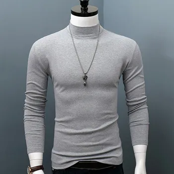 Осенний мужской теплый пуловер с имитацией шеи, футболка, Модная мужская блузка, топы с длинными рукавами, базовая рубашка для мальчиков, одежда, мужская футболка
