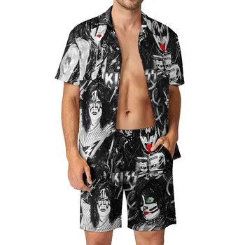 Пляжные мужские комплекты Kiss Band, Повседневная рубашка Рок-группы, Летние Шорты на заказ, Модный костюм из 2 предметов, Большие размеры