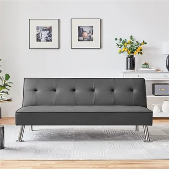 Раскладной диван-кровать-футон из искусственной кожи, серый