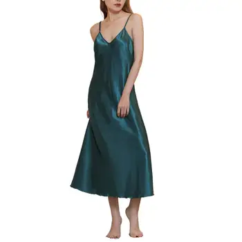 Женская атласная ночная рубашка, Длинное платье для Сна, Шелковая пижама с V-образным вырезом, однотонная ночная одежда