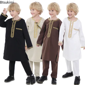 2023 Саудовская Аравия, Детский Халат, Мусульманская Одежда, Детские Камисы Для Мальчиков, Джубба Тобе, Комплект из 2 предметов, Исламская Одежда, Мужская Праздничная Абая, Кафтан