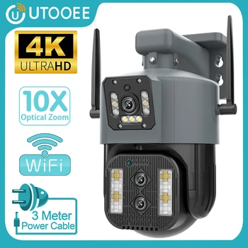 UTOOEE 4K 8MP PTZ Тройной Объектив IP-камера с Двойным Экраном, 10-кратный Оптический Зум, WiFi, Наружная Камера Безопасности, Ночное Видение, Автоматическое Отслеживание