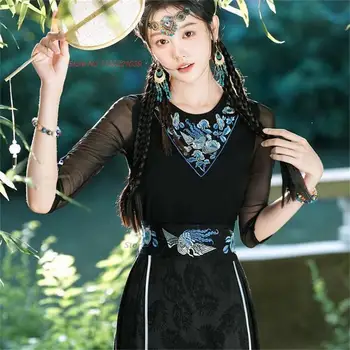 2023 традиционная китайская винтажная футболка с национальной цветочной вышивкой, сетчатая рубашка в стиле ретро ханфу, восточный костюм эпохи тан, этническая базовая рубашка
