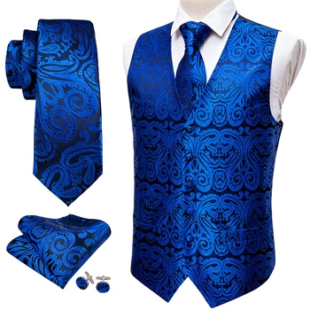 Королевский синий Мужской костюм с V-образным вырезом, жилеты, официальный жилет с пейсли, галстук, Запонки, Набор носовых платков, Шелковые жилеты Barry.Wang SJ-2024