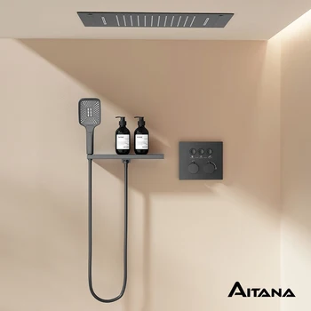 Высококачественная черная душевая система для ванной комнаты, простой настенный дизайн, латунный термостатический 3-функциональный душ с водопадом