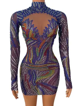 Многоцветное прозрачное платье со стразами с длинным рукавом, Вечерний костюм для празднования Дня рождения, Женское шоу танцовщиц, прозрачное платье