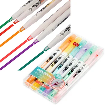6 цветов/Комплект, Уникальная ручка-маркер с окошком, двойная головка, пастельные цвета, маркеры средней линии, школьные Канцелярские принадлежности