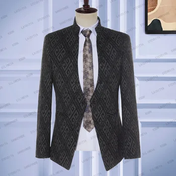 Блейзеры со стоячим воротником, куртка 2023, Модный Новый Мужской Серый Черный Блестящий Классический узор, Повседневный бутик, деловой костюм, Свадебное пальто