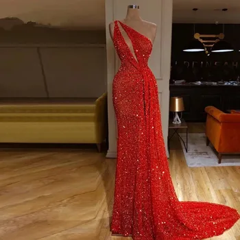 Сексуальные красные платья с пайетками для выпускного вечера в стиле русалки в Дубае на одно плечо, модные вечерние платья для церемонии открытия знаменитостей
