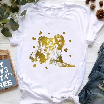 Золотая футболка с принтом Собаки Papillon, Женская одежда, Harajuku Kawaii, Футболка для любителей Собак, Женская Летняя Модная Женская футболка, Топы