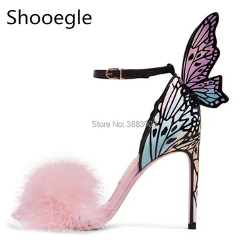 Разноцветные женские босоножки с крыльями бабочки на тонком высоком каблуке и ремешком с пряжкой, с открытым носком и перьями, женская обувь, вечерние модельные туфли-лодочки