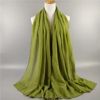 120 шт./лот, однотонный Женский шарф из вискозы с жемчугом по краям, шаль из пашмины/мусульманский хиджаб, длинный шарф
