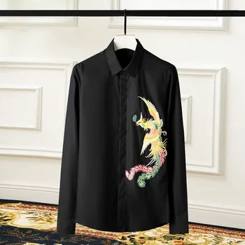 Высококачественная Роскошная ювелирная вышивка с принтом Китайского Феникса С длинным рукавом, повседневная атласная рубашка Для мужчин