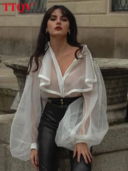TTQV, Сексуальная Новая Белая Перспективная женская Блузка 2023, Модные женские рубашки с отложным воротником и рюшами, Элегантная Сетчатая рубашка с пышными рукавами