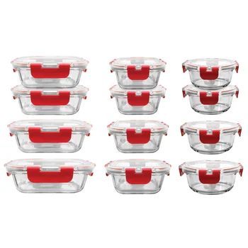 Набор для хранения продуктов из высококачественного стекла NutriChef из 24 предметов, красные крышки с фиксирующими петлями
