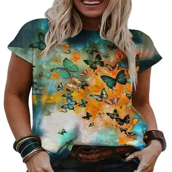 Женская футболка с короткими рукавами и 3D принтом бабочки 2021, Новый стиль, Женская повседневная одежда с круглым вырезом