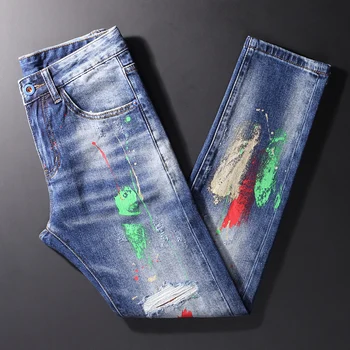 Уличная Мода, мужские джинсы в стиле ретро, Синие, разрушенные, облегающие, с принтом, Рваные Джинсы, Мужские раскрашенные Дизайнерские джинсовые брюки в стиле хип-хоп